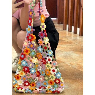 핸드메이드 크로셰 숄더백 울 소재 수제 뜨개질 가방 DIY 플라워 패턴 여름 데일리 여성 가방 편안한 착용감 선물용 추천 독특한 디자인 개성 있는 스타일, 오렌지 꽃 패키지, 1개