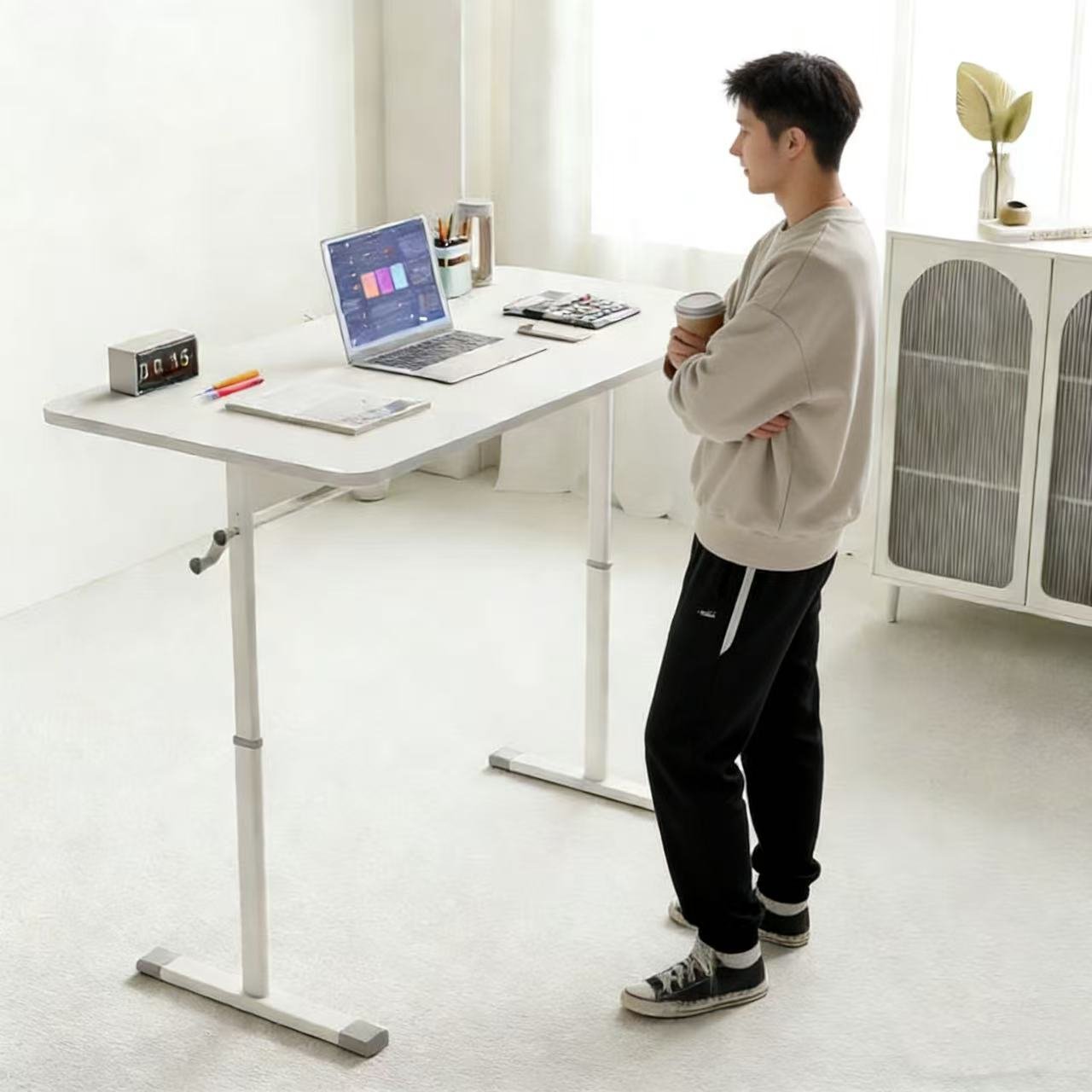 높이조절 책상 3size 키높이책상 수동 스탠딩 데스크 모션데스크, 흰색 상세 이미지 1