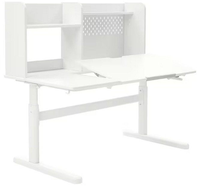 이케아 BERGLARKA 베릴레르카 어린이책상 120x70cm 화이트 유아테이블 책장포함 높이조절 각도조절, 화이트_094.886.71